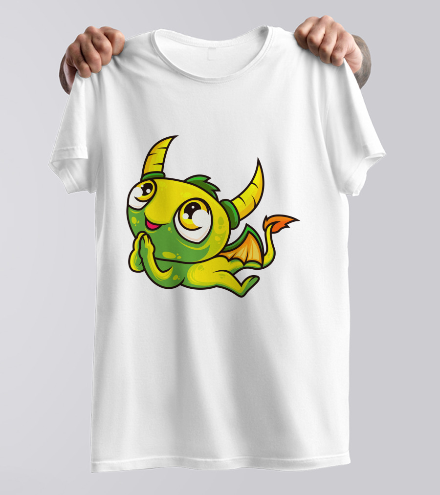 Cute Dragon Wishing Adorable Green And Yellow Horned Fantasy Character T-Shirt