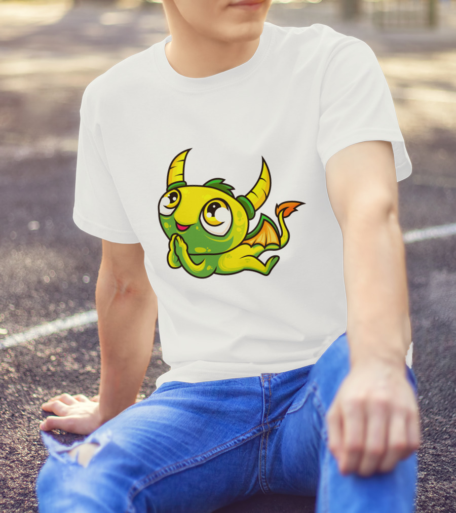 Cute Dragon Wishing Adorable Green And Yellow Horned Fantasy Character T-Shirt