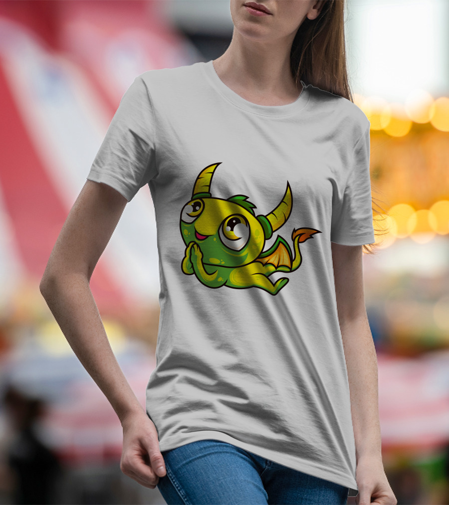 Cute Dragon Wishing Adorable Green And Yellow Horned Fantasy Character T-Shirt