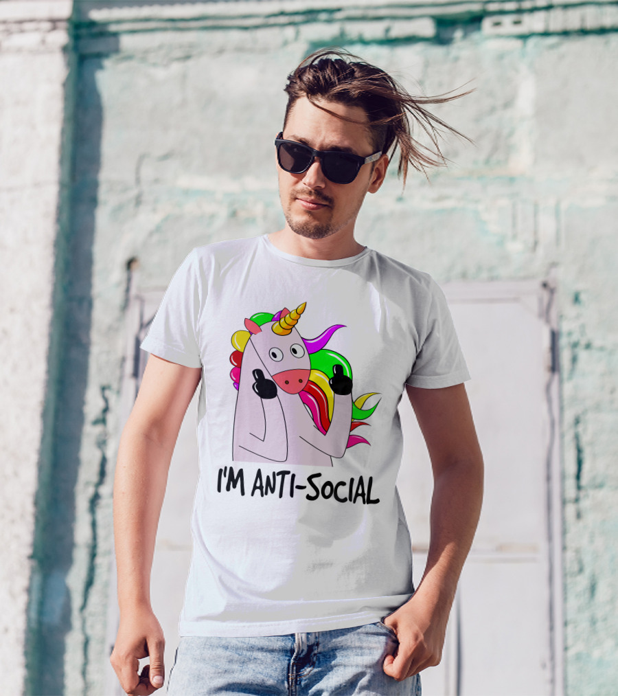 I'm Anti-Social Unicorn Colorful Rainbow Mane Black Gloves T-Shirt