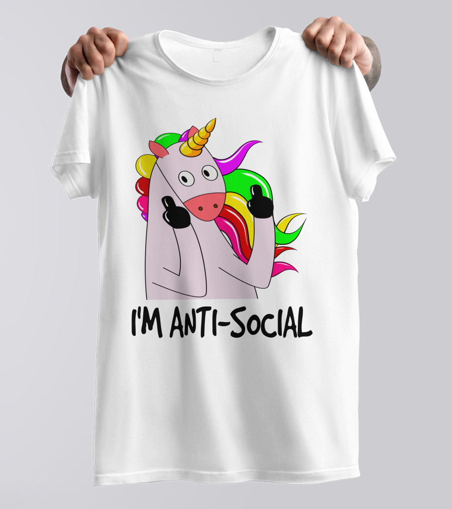 I'm Anti-Social Unicorn Colorful Rainbow Mane Black Gloves T-Shirt