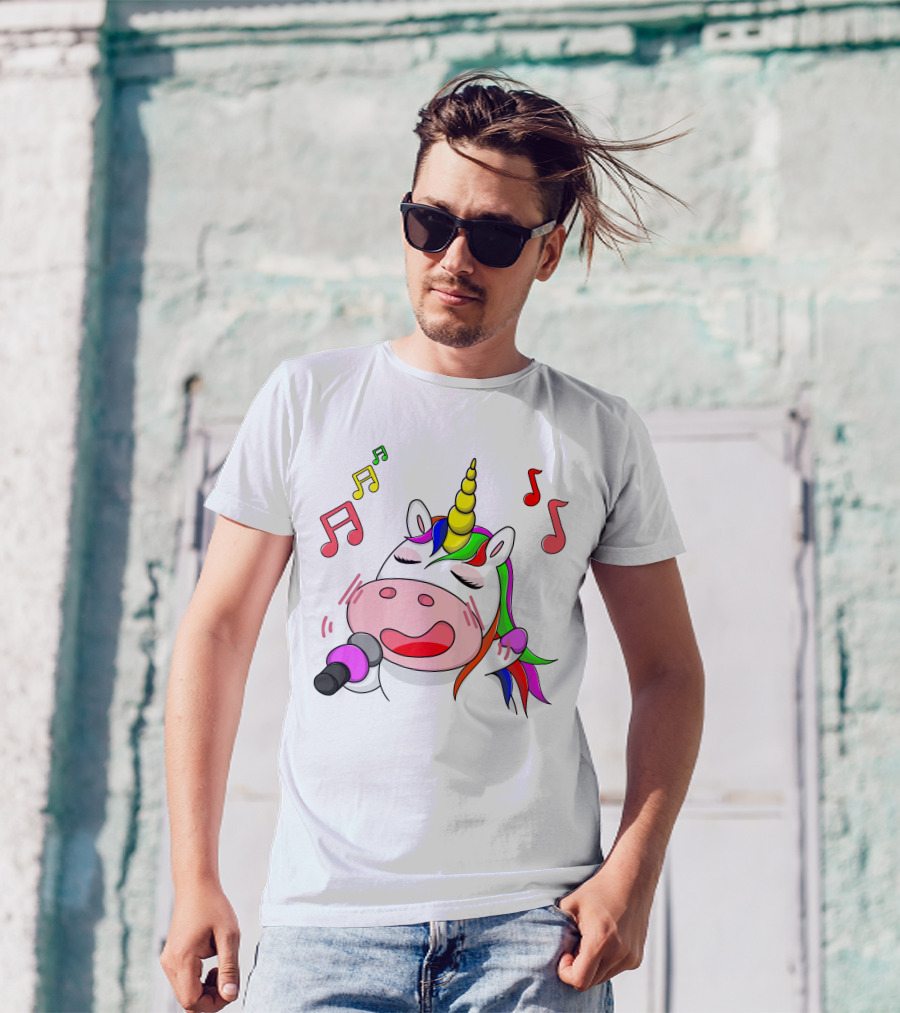 Unicorn Singing With Colorful Microphone And Musical Notes T-Shirt