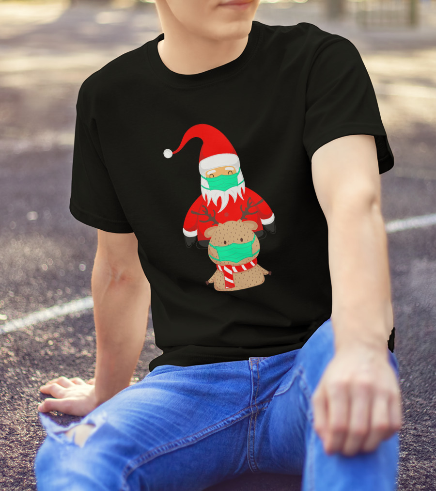 Santa Claus And Reindeer Wearing Masks T-Shirt