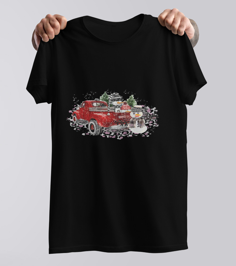 Christmas Snowman Truck Red Watercolor Snow Scene T-Shirt