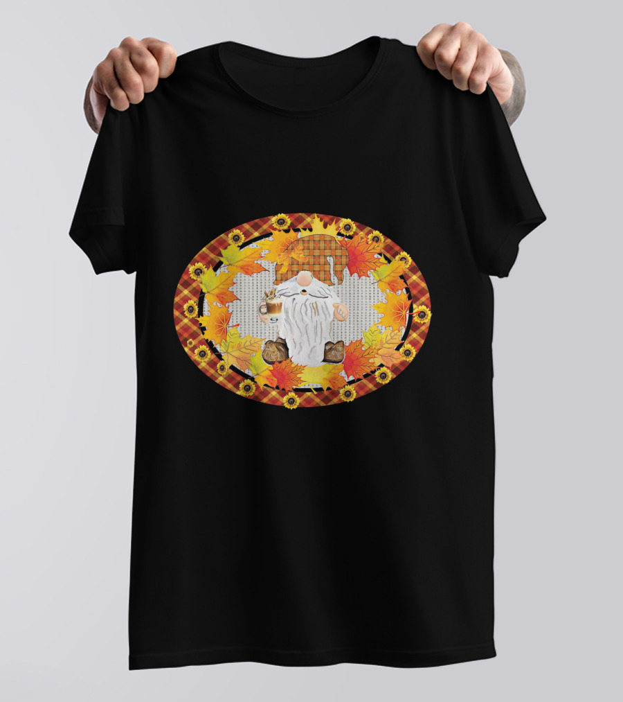 Fall Gnome With Coffee Mug Surrounded By Autumn Leaves And Sunflowers T-Shirt