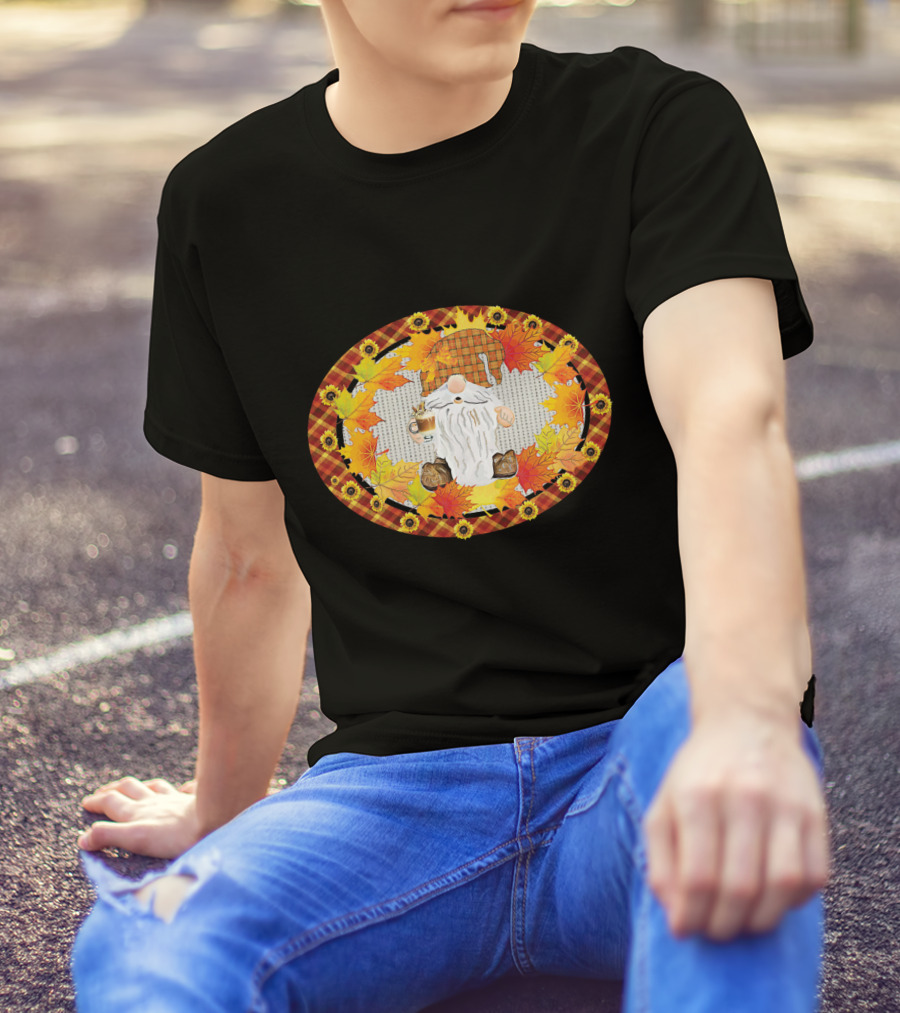 Fall Gnome With Coffee Mug Surrounded By Autumn Leaves And Sunflowers T-Shirt