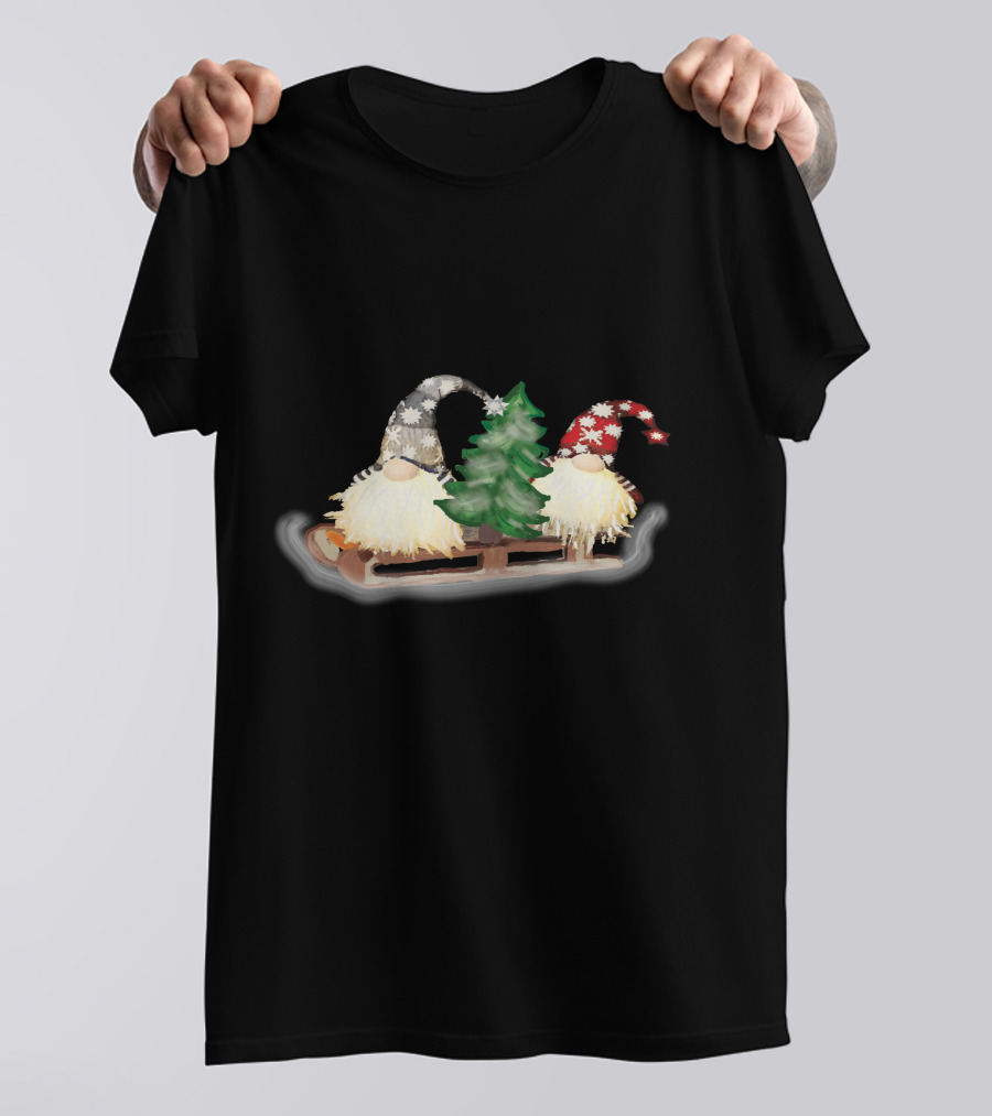 Gnomes On Sleigh With Christmas Tree And Snowflake Hats T-Shirt