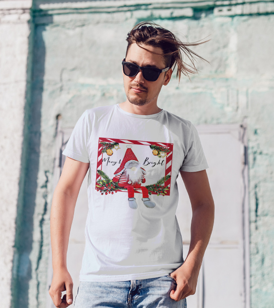 Merry And Bright Gnome Candy Cane Christmas Holiday T-Shirt