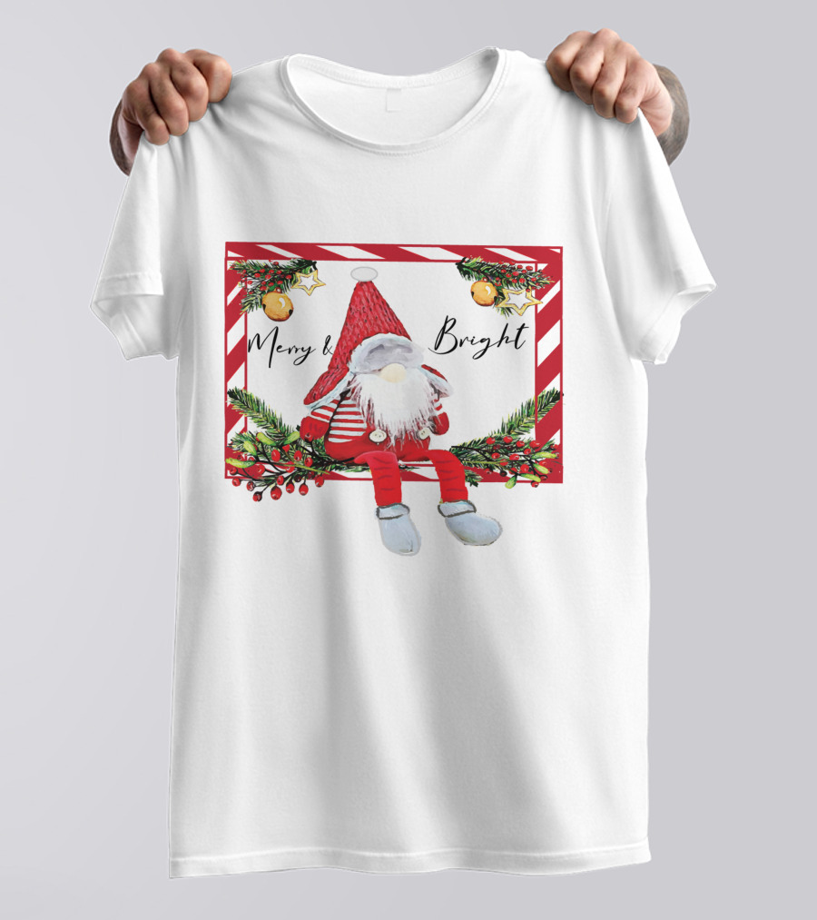 Merry And Bright Gnome Candy Cane Christmas Holiday T-Shirt