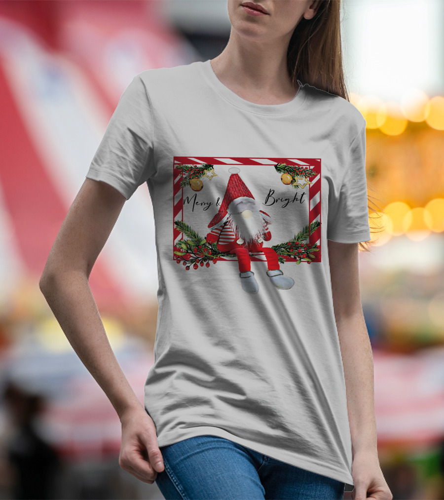 Merry And Bright Gnome Candy Cane Christmas Holiday T-Shirt