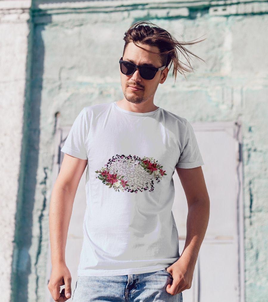 Leopard Print With Floral Poinsettia Border T-Shirt