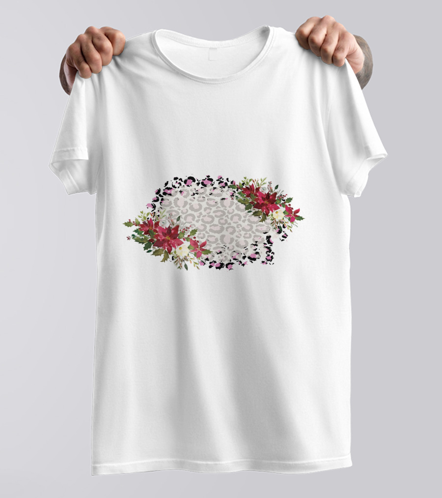Leopard Print With Floral Poinsettia Border T-Shirt
