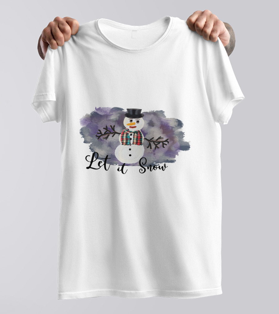 Let It Snow Hand Drawn Snowman Plaid Scarf Top Hat T-Shirt