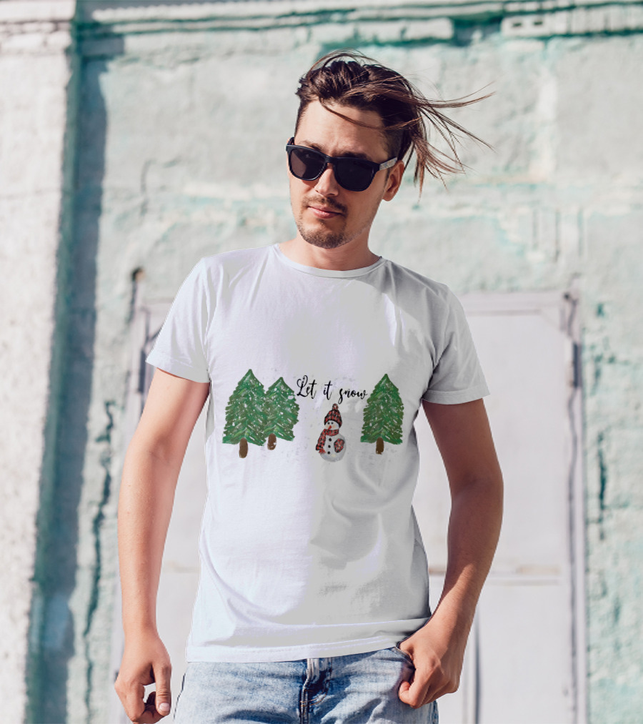 Let It Snow Watercolor Snowman And Pine Trees T-Shirt
