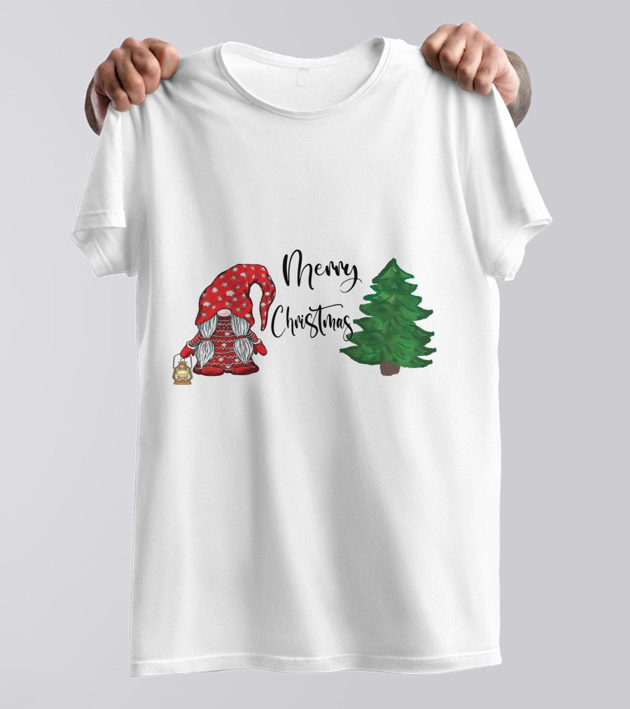Merry Christmas Gnome With Lantern And Pine Tree T-Shirt