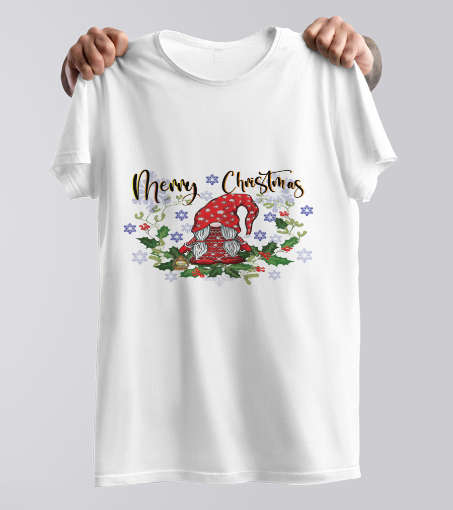 Merry Christmas Gnome With Snowflakes Holly And Lantern T-Shirt