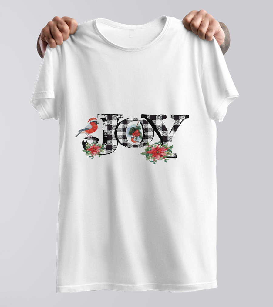 Plaid Joy Cardinal Poinsettia Christmas T-Shirt