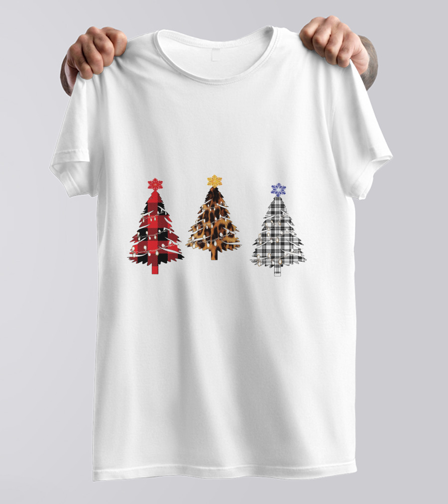Buffalo Plaid Leopard Tartan Christmas Trees T-Shirt
