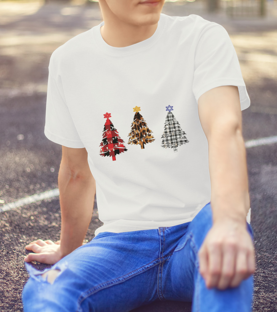 Buffalo Plaid Leopard Tartan Christmas Trees T-Shirt