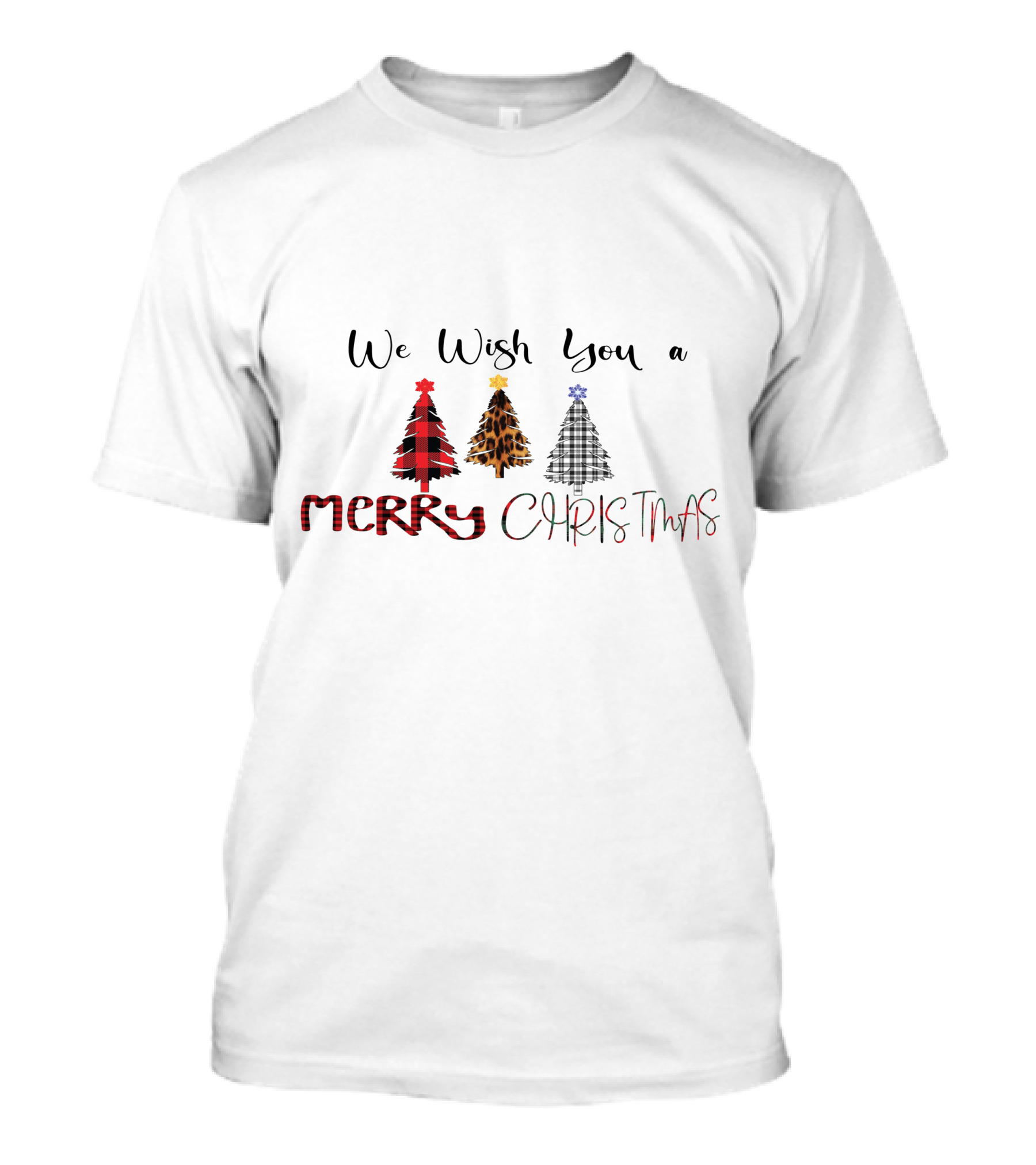 We Wish You A Merry Christmas Trees Plaid Leopard T-Shirt