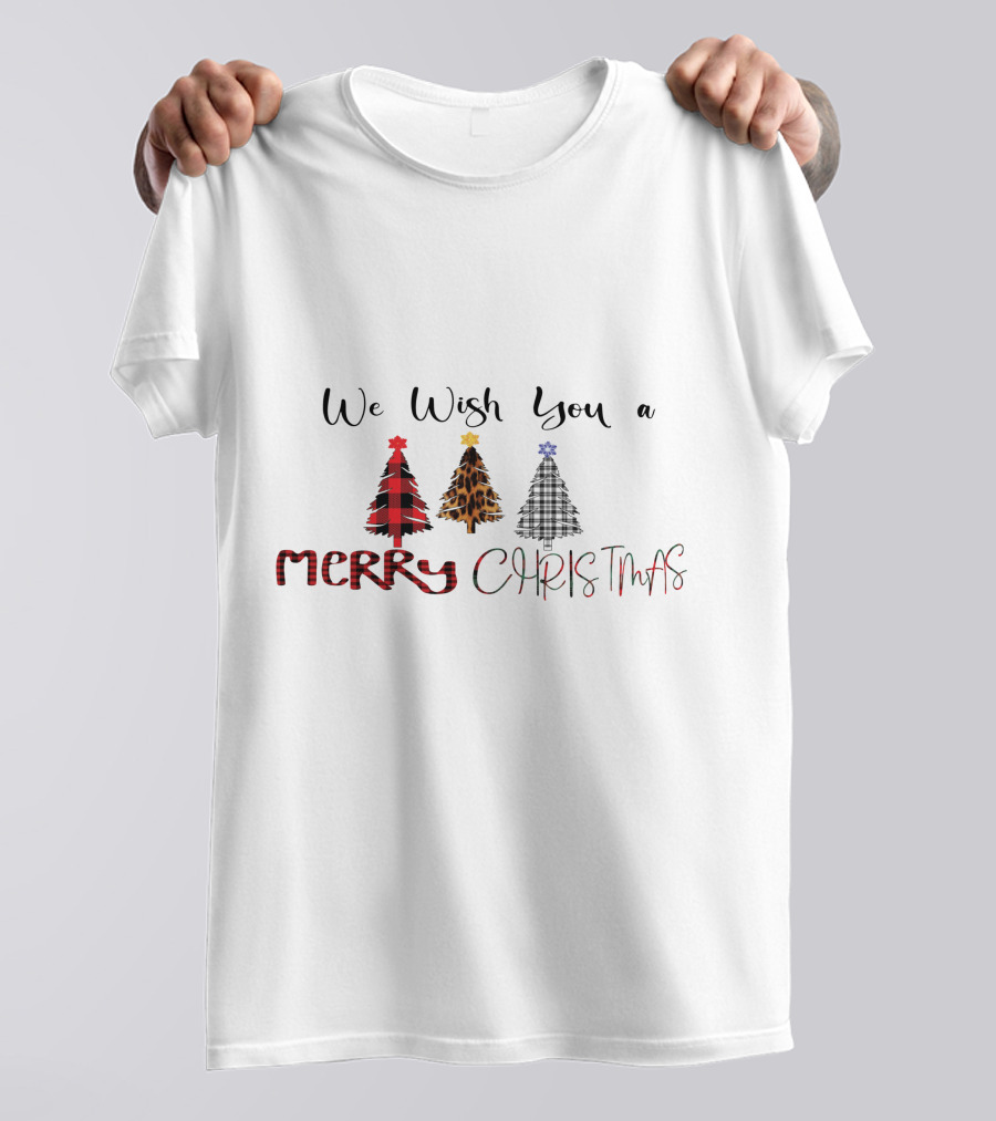 We Wish You A Merry Christmas Trees Plaid Leopard T-Shirt