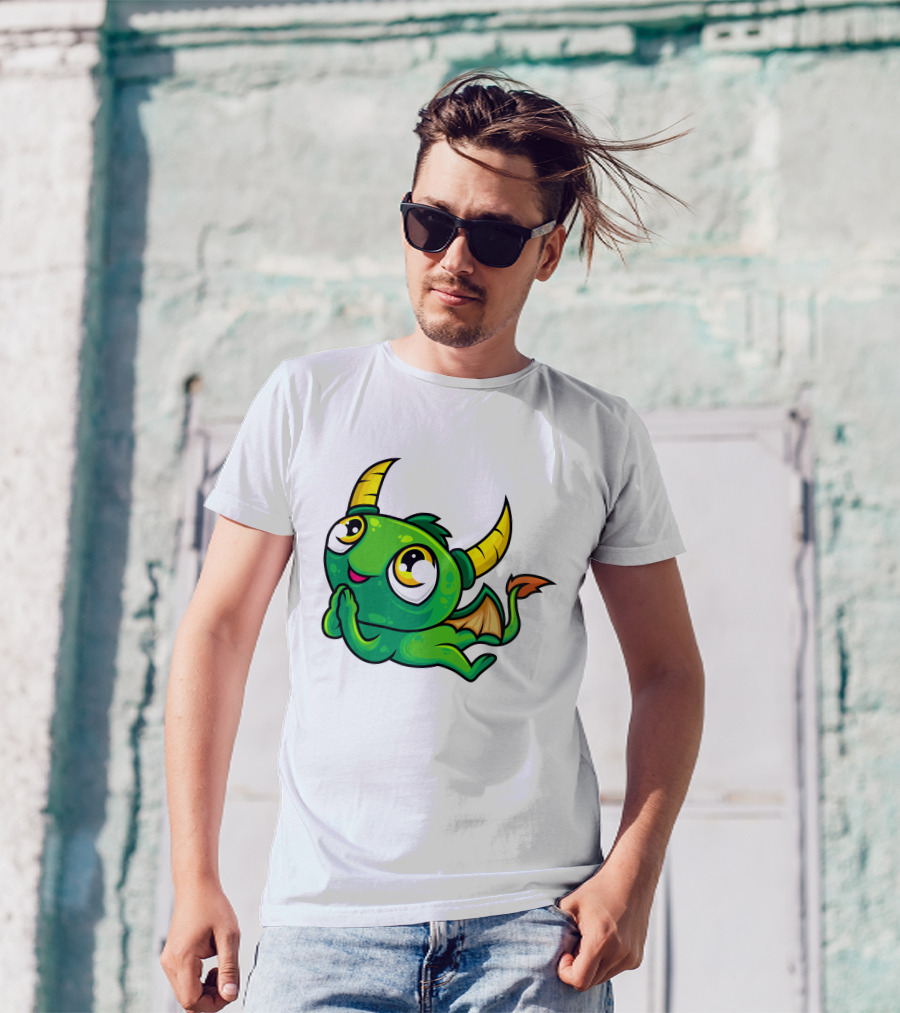 Cute Green Dragon Kawaii Cartoon Character With Horns And Wings T-Shirt