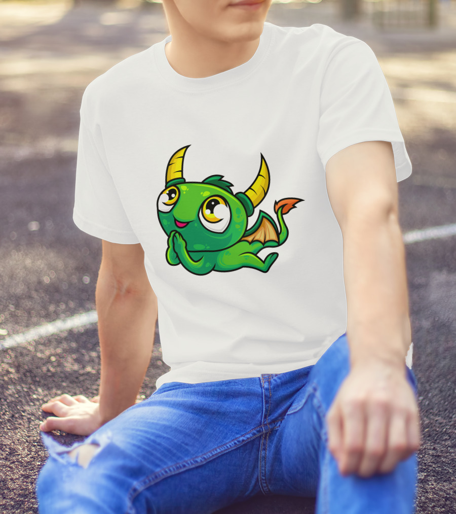 Cute Green Dragon Kawaii Cartoon Character With Horns And Wings T-Shirt