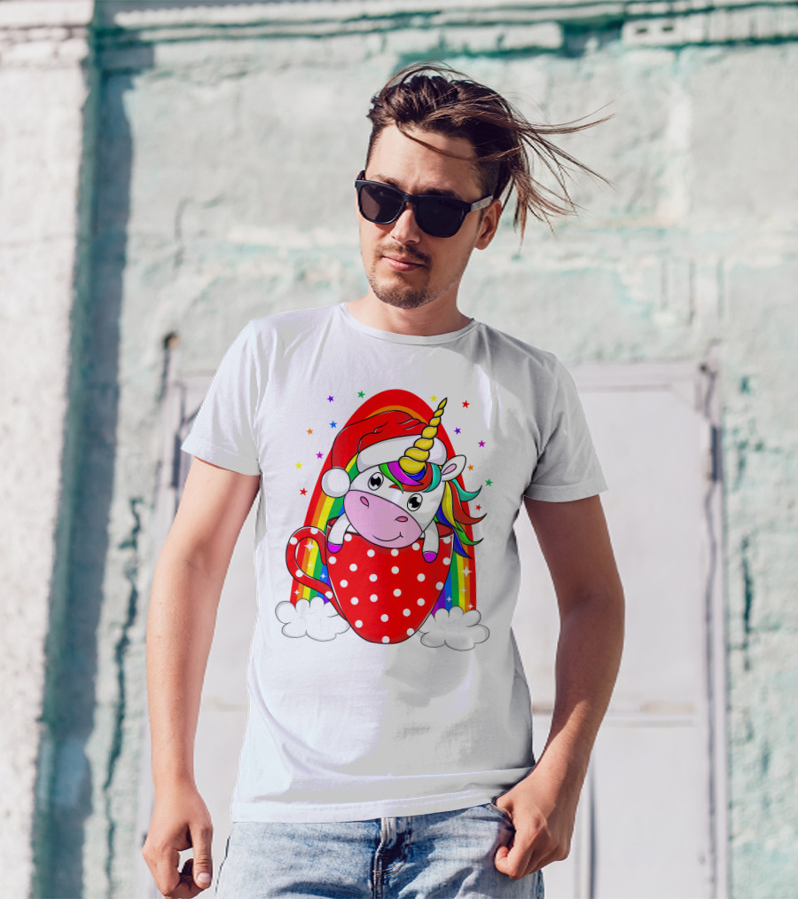 Unicorn In Santa Hat With Rainbow And Red Polka Dot Cup T-Shirt