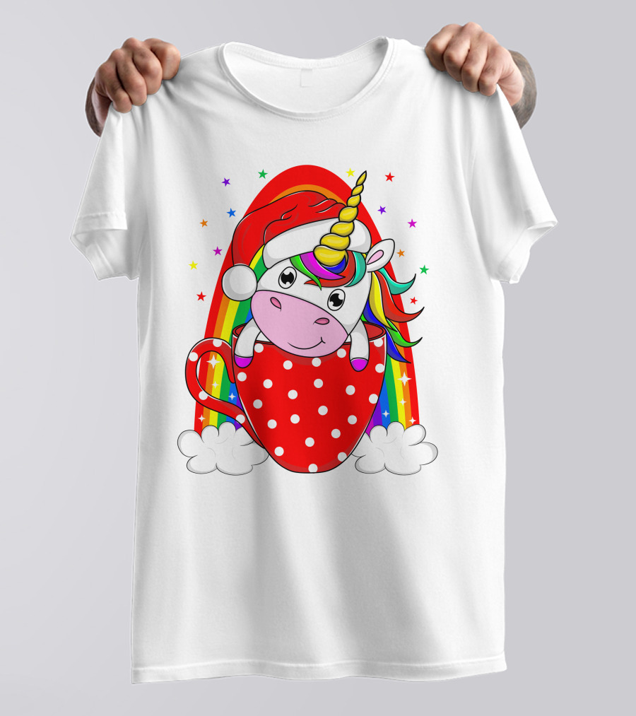 Unicorn In Santa Hat With Rainbow And Red Polka Dot Cup T-Shirt