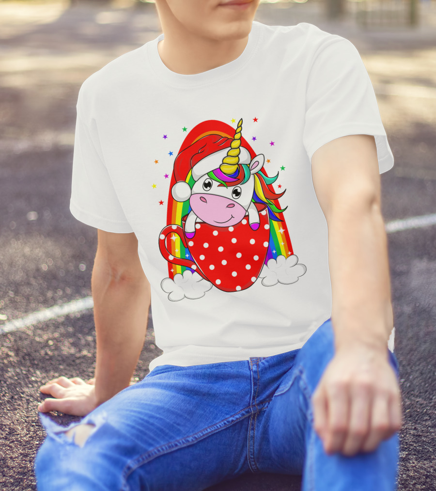 Unicorn In Santa Hat With Rainbow And Red Polka Dot Cup T-Shirt