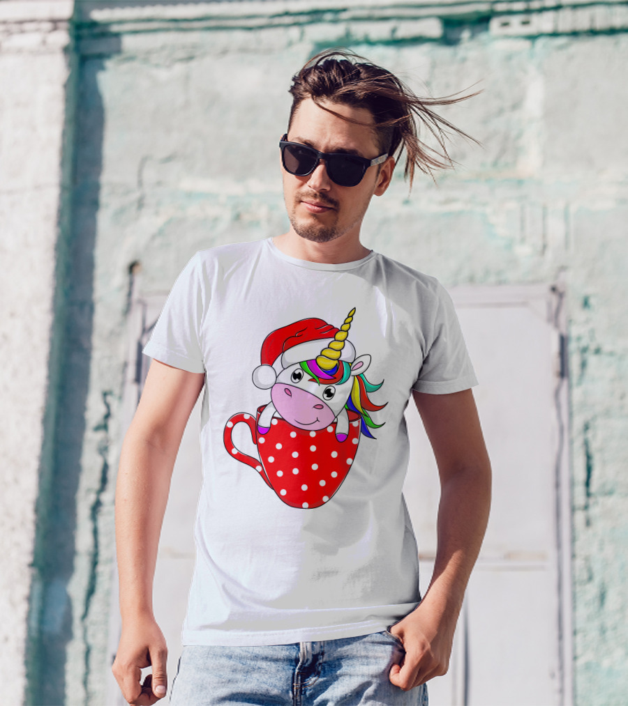 Santa Hat Unicorn In Polka Dot Red Cup T-Shirt