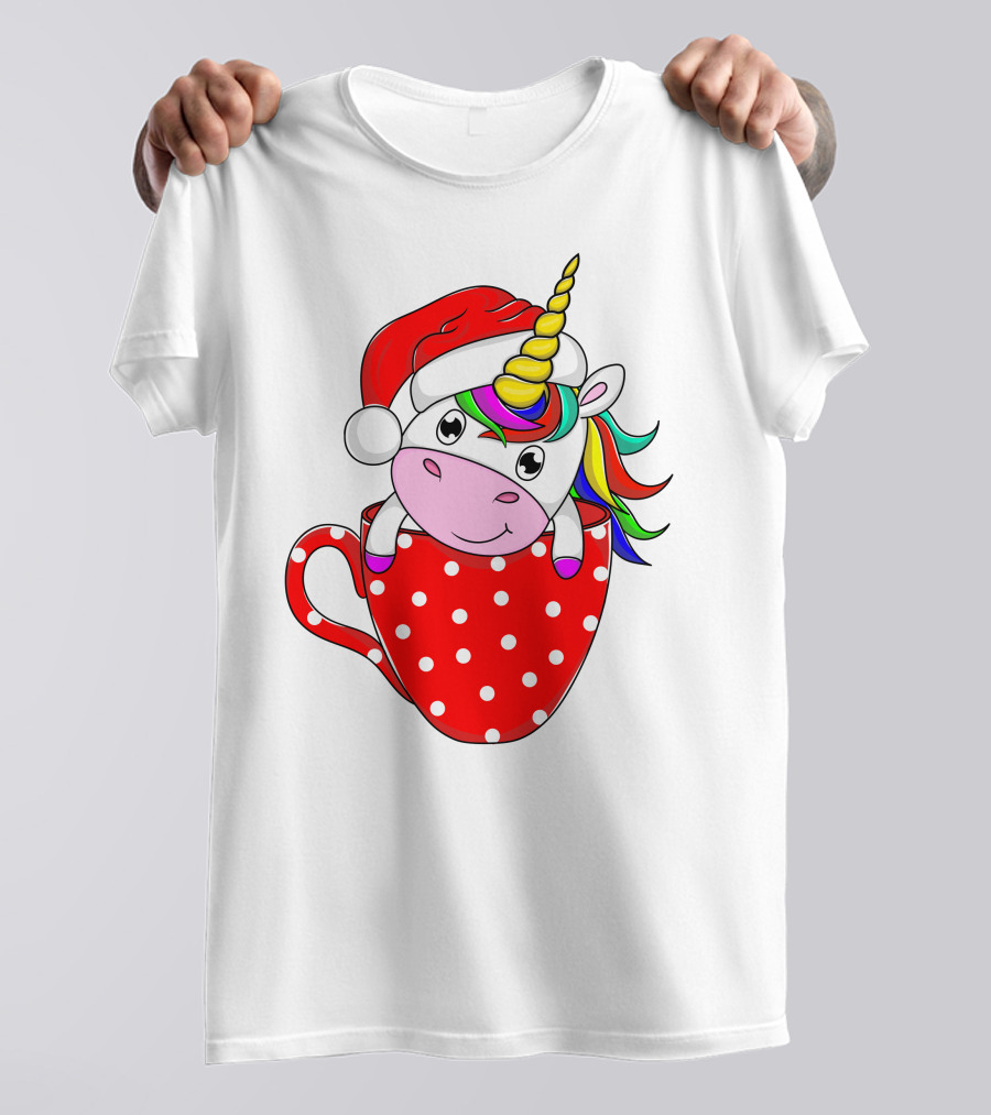Santa Hat Unicorn In Polka Dot Red Cup T-Shirt