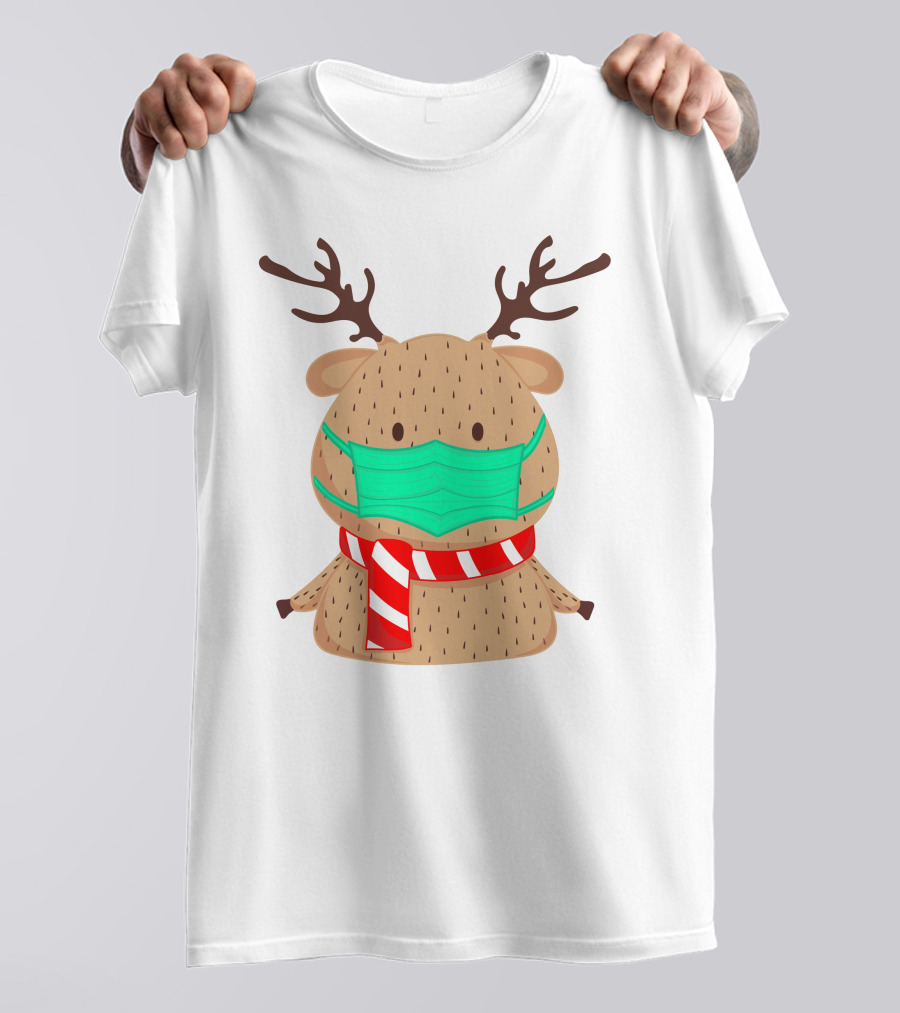 Reindeer Wearing Green Face Mask And Red White Scarf T-Shirt