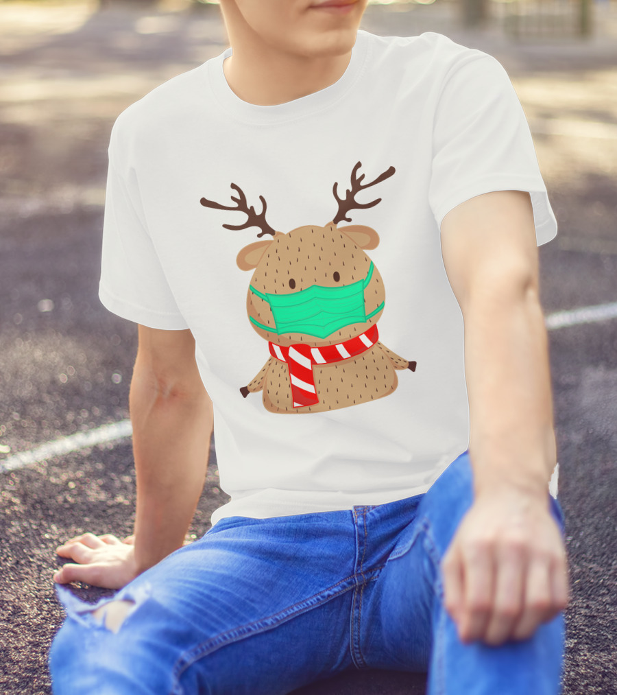 Reindeer Wearing Green Face Mask And Red White Scarf T-Shirt