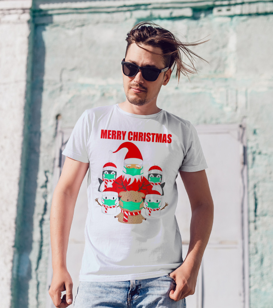 Merry Christmas Santa Deer Penguin Social Distance T-Shirt