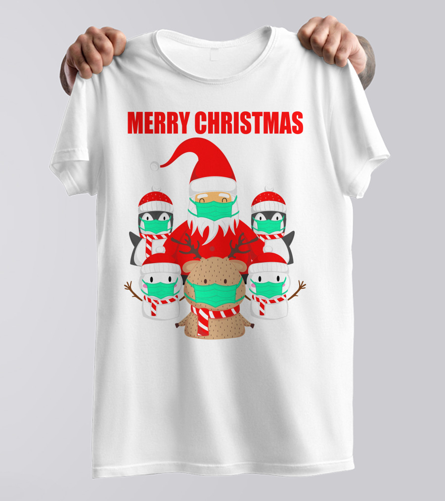 Merry Christmas Santa Deer Penguin Social Distance T-Shirt