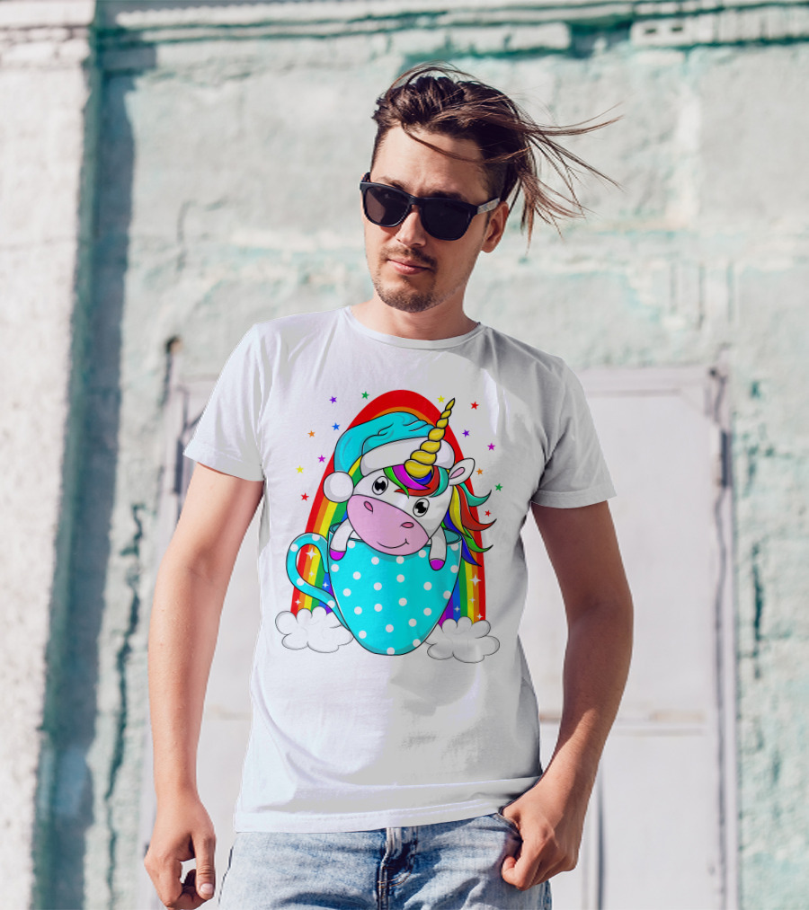 Unicorn In Polka Dot Blue Cup With Rainbow And Stars T-Shirt