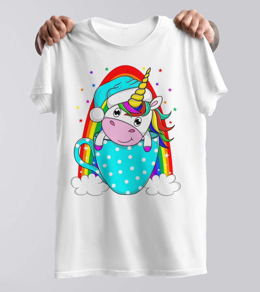 Unicorn In Polka Dot Blue Cup With Rainbow And Stars T-Shirt