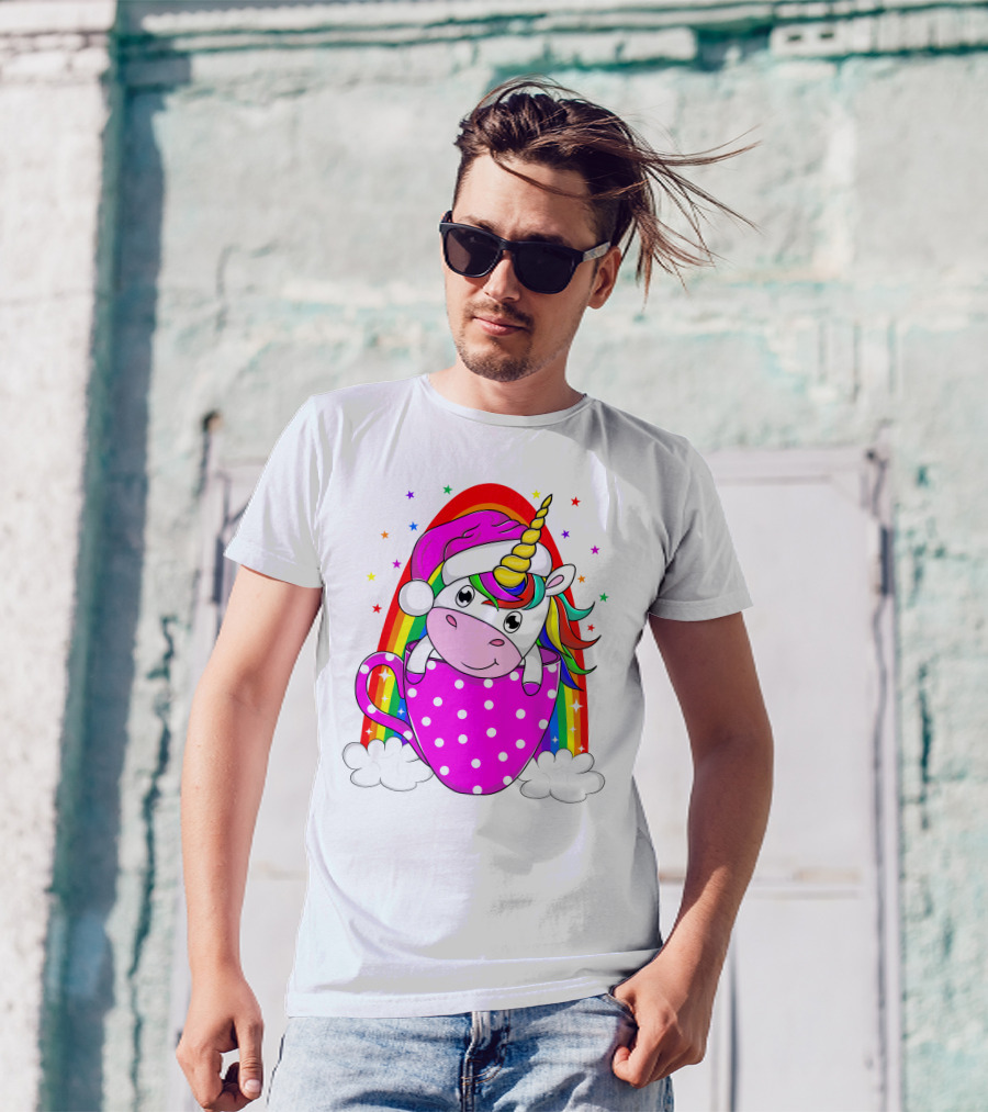 Unicorn Rainbow Santa In Pink Polka Dot Cup T-Shirt
