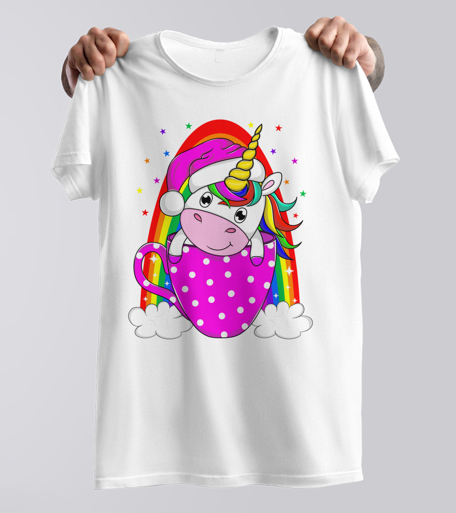 Unicorn Rainbow Santa In Pink Polka Dot Cup T-Shirt