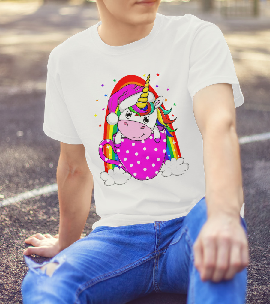 Unicorn Rainbow Santa In Pink Polka Dot Cup T-Shirt
