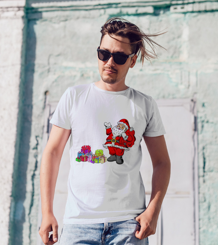 Santa Claus Joyfully Delivering Colorful Presents T-Shirt