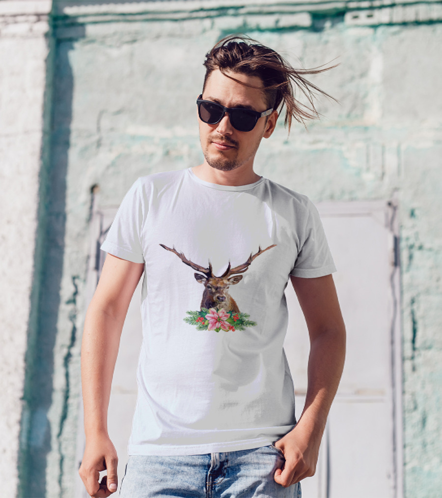 Watercolor Christmas Reindeer With Poinsettia And Pine Branches T-Shirt
