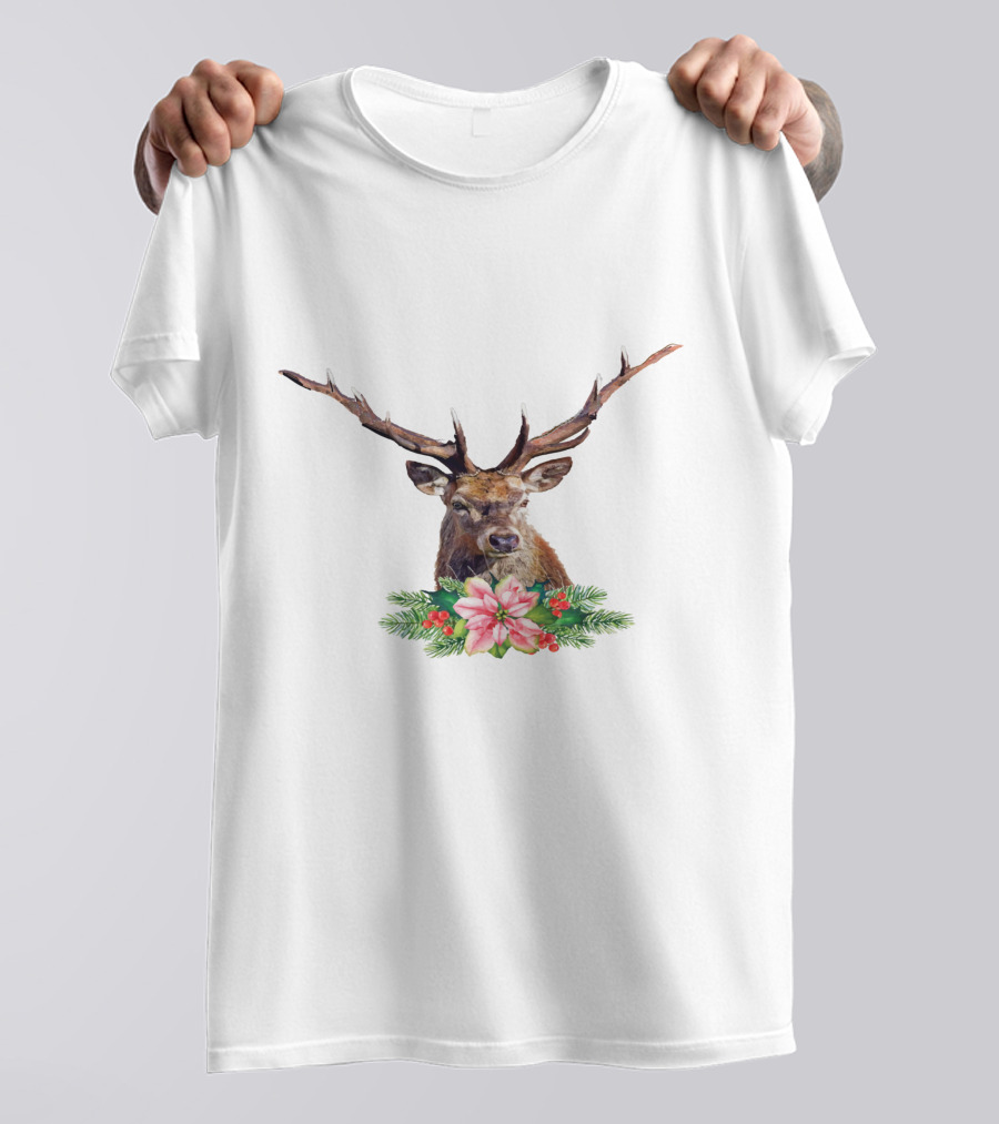Watercolor Christmas Reindeer With Poinsettia And Pine Branches T-Shirt