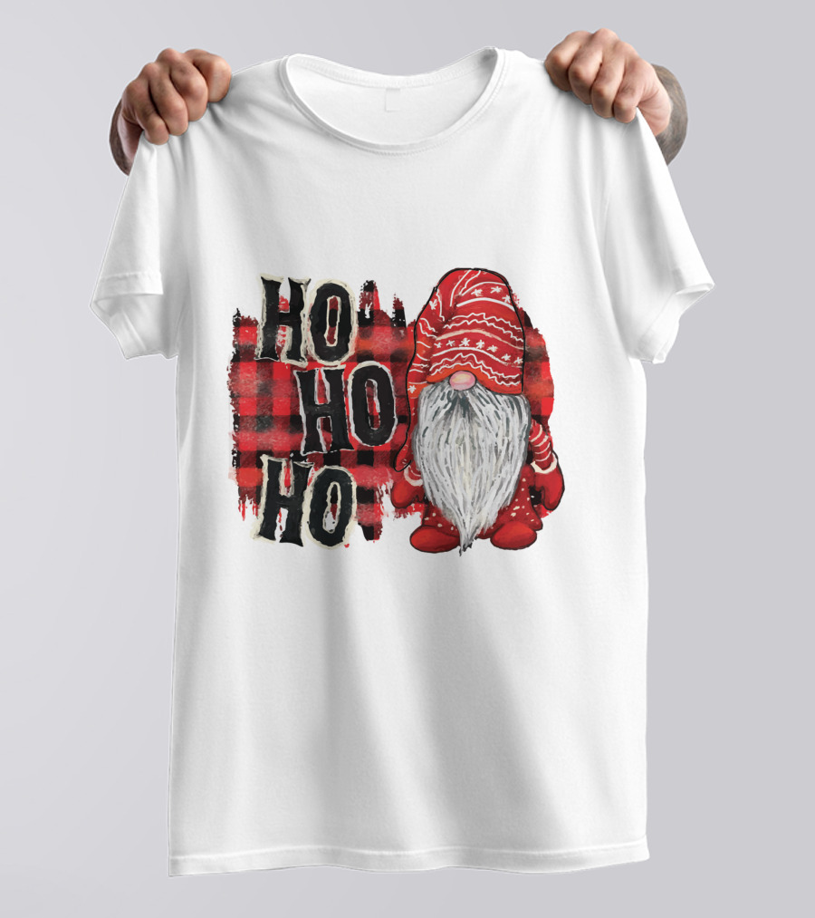 Watercolor Plaid Christmas Gnome Ho Ho Ho Red Holiday T-Shirt