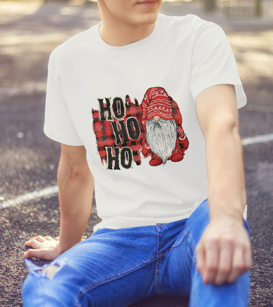 Watercolor Plaid Christmas Gnome Ho Ho Ho Red Holiday T-Shirt