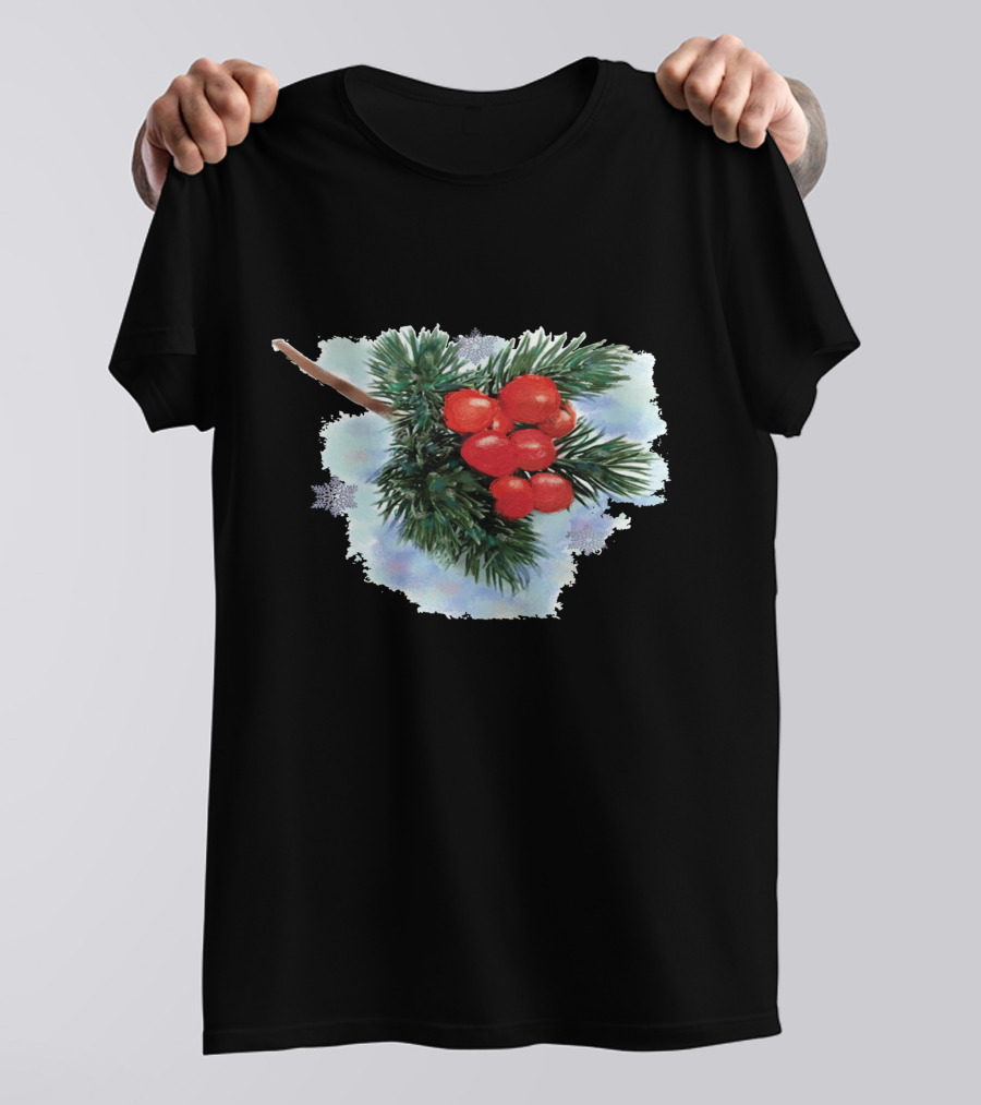 Watercolor Holiday Christmas Holly Berries Branch Pine Needles T-Shirt
