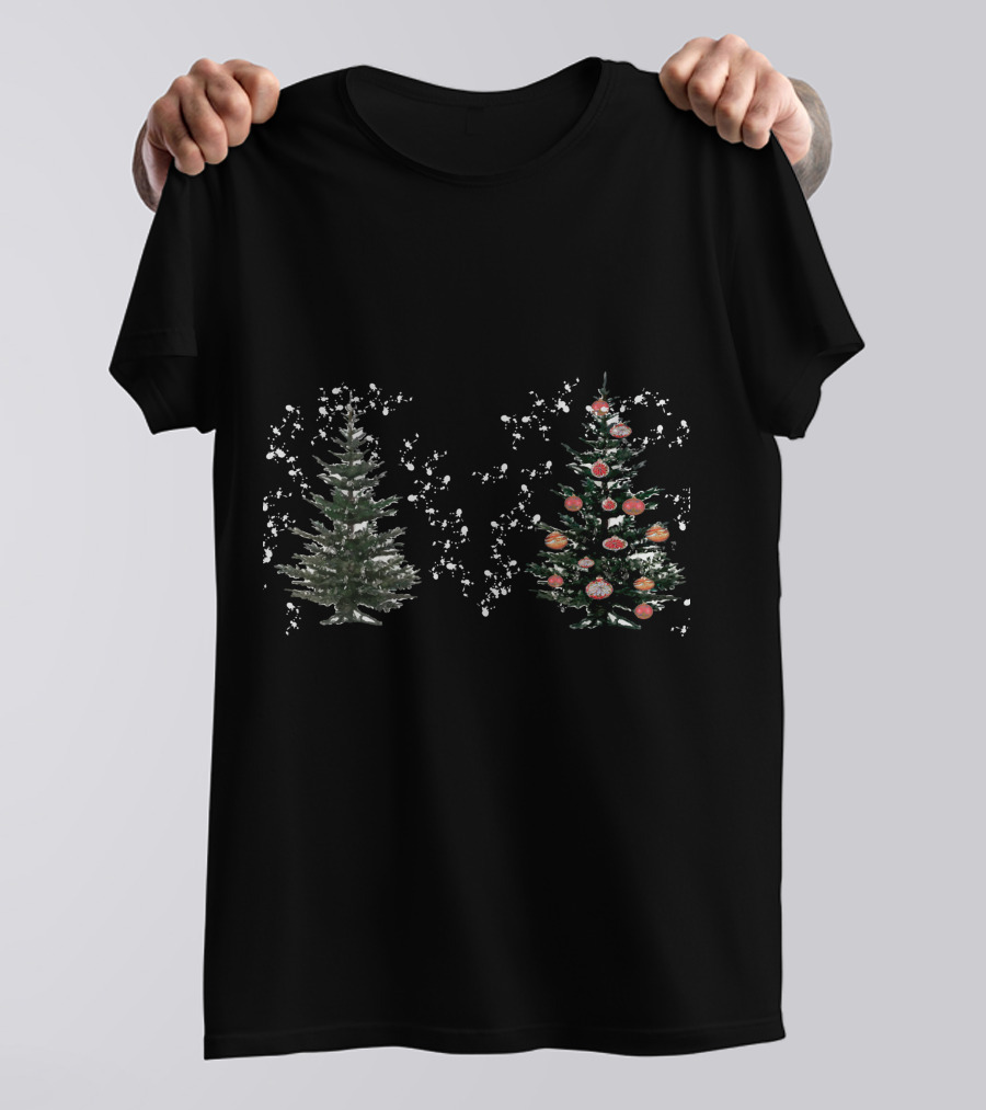 Watercolor Christmas Trees Snowy Evergreen With Red Ornaments T-Shirt