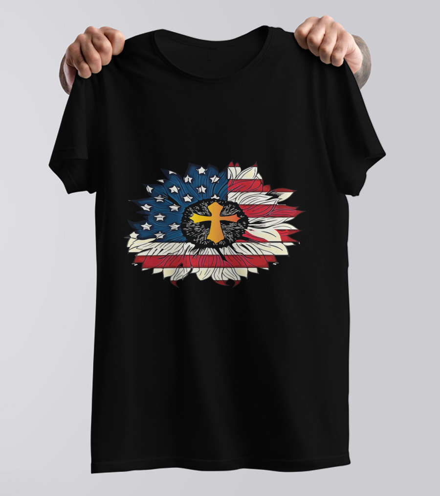 American Flag Cross Floral Design Sunflower Center T-Shirt