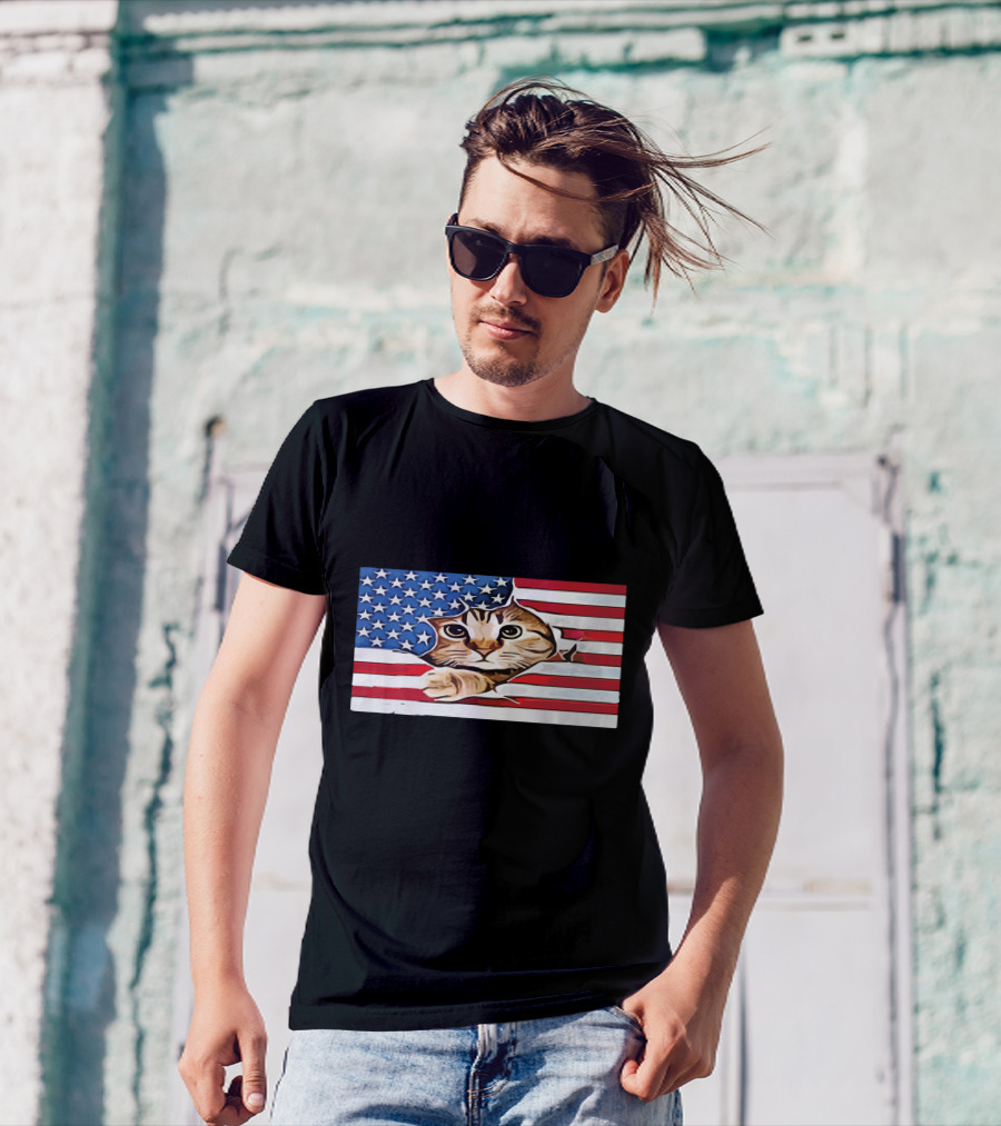 Cat Peeking Through American Flag T-Shirt